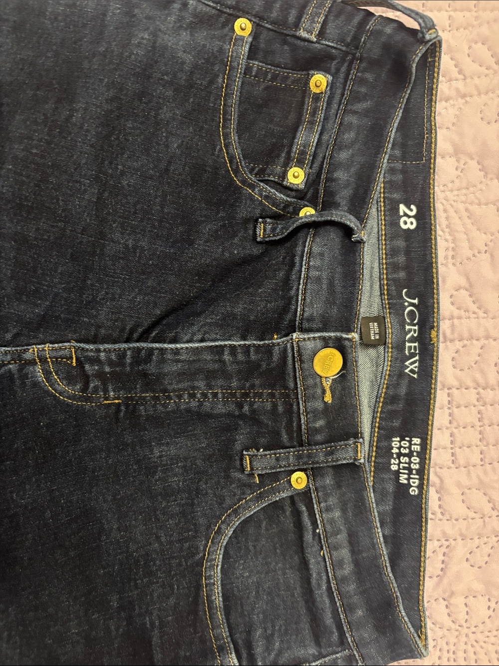 J. Crew Straight-Leg Dark Indigo Jeans with Yellow Stitching